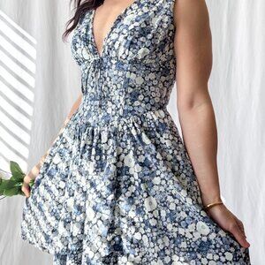 Women's Floral Corset Fit Flare Mini Dress with Pockets | Blue